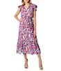 Sam Edelman Chiffon Abstract Print V-Neck Short Flutter Sleeve Wrap Midi Dress, Color:Rose Multi - Image 1
