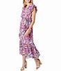 Sam Edelman Chiffon Abstract Print V-Neck Short Flutter Sleeve Wrap Midi Dress, Color:Rose Multi - Image 3