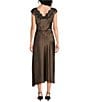 Sam Edelman Drape Neck Cap Sleeve Ruched Dotted Satin Midi Dress - Image 2