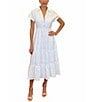 Color:White - Image 1 - Eyelet Collar Neck Short Sleeve Button Front Tiered Midi Dress