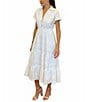 Color:White - Image 3 - Eyelet Collar Neck Short Sleeve Button Front Tiered Midi Dress