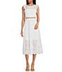 Color:White - Image 1 - Eyelet Cut-Outs Round Neck Sleeveless Midi Dress