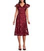 Sam Edelman Leafy Embroidered Mesh V-Neck Flutter Sleeve Midi Dress, Color:Bordeaux - Image 1