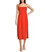 Color:Tigerlily - Image 1 - Merisa Linen Blend Square Neck Sleeveless Cutout Back Side Slit A-Line Midi Dress