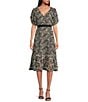 Sam Edelman Printed V-Neck Artisanal Puff Sleeves Fit & Flare Midi Dress, Color:Black Ivory - Image 1