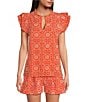 Color:Tigerlilly - Image 1 - Rey V-Neck With Ruffle Trim Short Pleat Sleeve Blouse