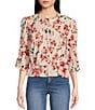 Color:Artic Wolf - Image 1 - Scarlette Embroidered Floral Print Round Neck Ruffle Long Sleeve Button Front Blouse