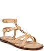 Color:Natural - Image 1 - Talya Leather Strappy Gladiator Logo Charm Stud Detail Thong Sandals