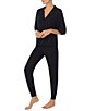 Color:Black - Image 3 - 3/4 Sleeve Notch Collar Top & Jogger Knit Pajama Set