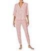 Color:Pink Print - Image 1 - 3/4 Sleeve Notch Collar Top & Jogger Knit Scattered Ditsy Print Pajama Set