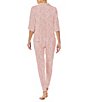 Color:Pink Print - Image 2 - 3/4 Sleeve Notch Collar Top & Jogger Knit Scattered Ditsy Print Pajama Set