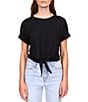 Color:Black - Image 1 - All Day Tie Waist Crew Neck Short Rolled Sleeve Tee Shirt