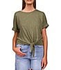 Color:Trail Green - Image 1 - All Day Tie Waist Crew Neck Short Rolled Sleeve Tee Shirt
