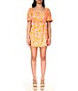 Color:Tangerine - Image 1 - Daisy Floral Print Square Neck Short Puff Sleeve Open Tie Back Detail A-Line Mini Dress