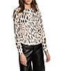 Sanctuary Fitted Mesh Animal Print Spread Collar Long Sleeve Button Down Top, Color:Mother Leo - Image 1