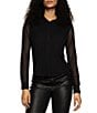 Sanctuary Fitted Mesh Spread Collar Long Sleeve Button Down Top, Color:Black - Image 1