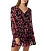 Color:Cranberry - Image 3 - Floral Print V-Neck Long Sleeve Mini Dress