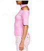 Color:Pink No. 3 - Image 3 - Half My Heart Mock Neck Short Sleeve Cut-Out Sustainable Knit Shirt
