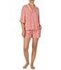 Color:Pink Print - Image 1 - Knit Leopard Print Notch Collar Button Front 3/4 Sleeve Elastic Waist Short Pajama Set