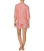 Color:Pink Print - Image 2 - Knit Leopard Print Notch Collar Button Front 3/4 Sleeve Elastic Waist Short Pajama Set