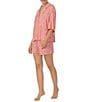 Color:Pink Print - Image 3 - Knit Leopard Print Notch Collar Button Front 3/4 Sleeve Elastic Waist Short Pajama Set
