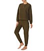 Color:Dark Olive - Image 1 - Long Sleeve Henley Neck Top & Jogger Solid Terry Pajama Set