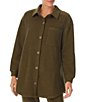 Color:Dark Olive - Image 1 - Long Sleeve Point Collar Brushed Terry Utility Shacket
