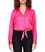 Color:Power Pink - Image 1 - Lover Tie Woven Point Collar Long Sleeve Button Front Shirt