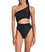 Color:Black - Image 1 - On The Water Texture Solid One Shoulder Cut-Out One Piece Swimsuit