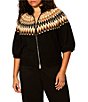Sanctuary Plus Size Fairisle Printed Short Sleeve Zip-Up Sweater - Image 1