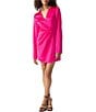 Color:Power Pink - Image 1 - Point Collar Long Sleeve Asymmetrical Hem Faux Wrap Dress