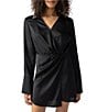 Color:Black - Image 4 - Point Collar Long Sleeve Asymmetrical Hem Faux Wrap Dress