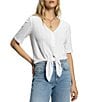 Sanctuary Pointelle V-Neck Short Sleeve Button Front Top, Color:White - Image 1
