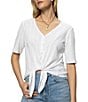 Sanctuary Pointelle V-Neck Short Sleeve Button Front Top, Color:White - Image 3