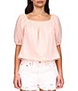 Color:Rose - Image 1 - Real Love Texture Cotton Gauze Elastic Square Neck Short Puff Sleeve Blouse