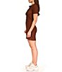 Color:Rattan - Image 3 - Round Up Knit Point Collar Ruched Button Front Short Sleeve Fitted Mini Shirt Dress