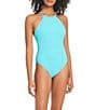 Color:Curacao - Image 1 - Sandbar Solid Pucker Texture High Neck One Piece Swimsuit