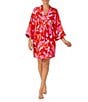 Color:Coral Floral - Image 1 - Satin Floral 3/4 Sleeve Short Wrap Robe