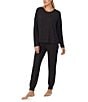 Sanctuary Solid Heathered Long Sleeve Pullover & Jogger Brushed Sweater Jersey Pajama Set, Color:Black - Image 3