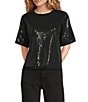 Sanctuary Sparkle Sequin Sweater Crew Neck Short Sleeve Top, Color:Black - Image 1