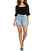 Color:Black - Image 2 - Square Neck Short Puff Sleeve Mixed Media Top
