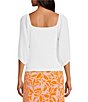 Color:White - Image 2 - Square Neck Short Puff Sleeve Mixed Media Top