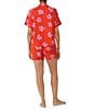 Color:Red Print - Image 2 - Stretch Knit Short Sleeve Chest Pocket Notch Collar Shorty Floral Pajama Set