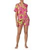 Color:Lime Print - Image 1 - Stretchy Knit Short Sleeve Notch Collar Shorty Palm Print Pajama Set