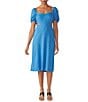 Color:Blue Wire - Image 1 - Sweetheart Neck Short Puffed Sleeve Side Cut-Out Midi Dress