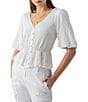 Color:White - Image 1 - Textured Button Front V Neck Short Sleeve Top