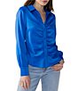 Color:Galactic - Image 1 - Time to Shine Point Collar Long Sleeve Button Front Ruched Woven Top