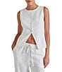 Steve Madden Wesley Round Neckline Sleeveless Button Front Linen Vest Top, Color:White - Image 1