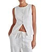 Steve Madden Wesley Round Neckline Sleeveless Button Front Linen Vest Top, Color:White - Image 4