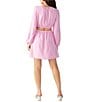 Color:Pink No. 3 - Image 2 - Woven Chiffon Floral Print Crew Neck Long Sleeve Elastic Waist Cut-Out Detail Mini Dress